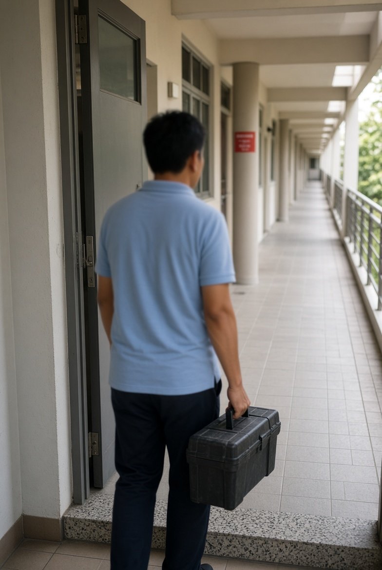 UDINPRO technician arriving with a toolbox at an HDB flat